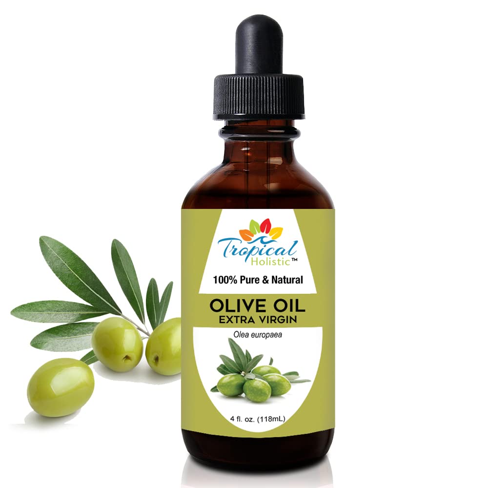 Tropical Holistic Aceite de Oliva Extra Virgen en botella de cuatro onzas para uso diario.