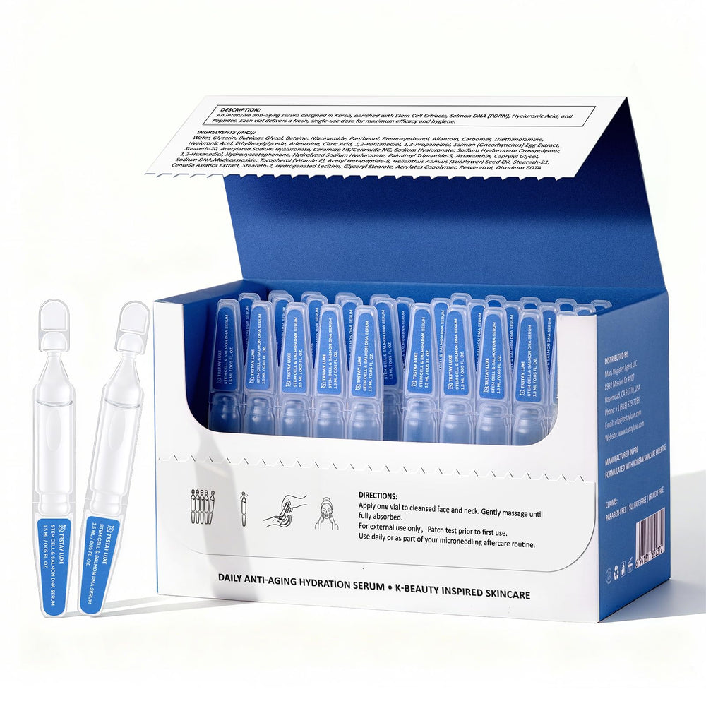 TRSTAY LUXE serum de células madre en botella, aporta hidratación profunda para la piel.
