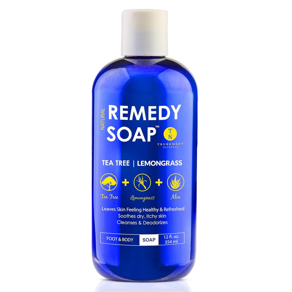 Truremedy Naturals botella de lavado corporal con arbol de te y limon, sensación refrescante.