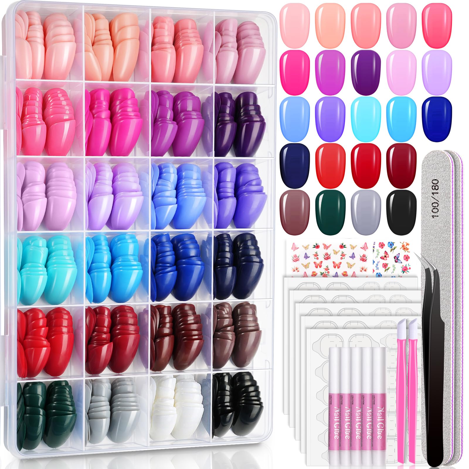 TsMADDTs 24 colors press-on nails swatches for diverse home manicures.