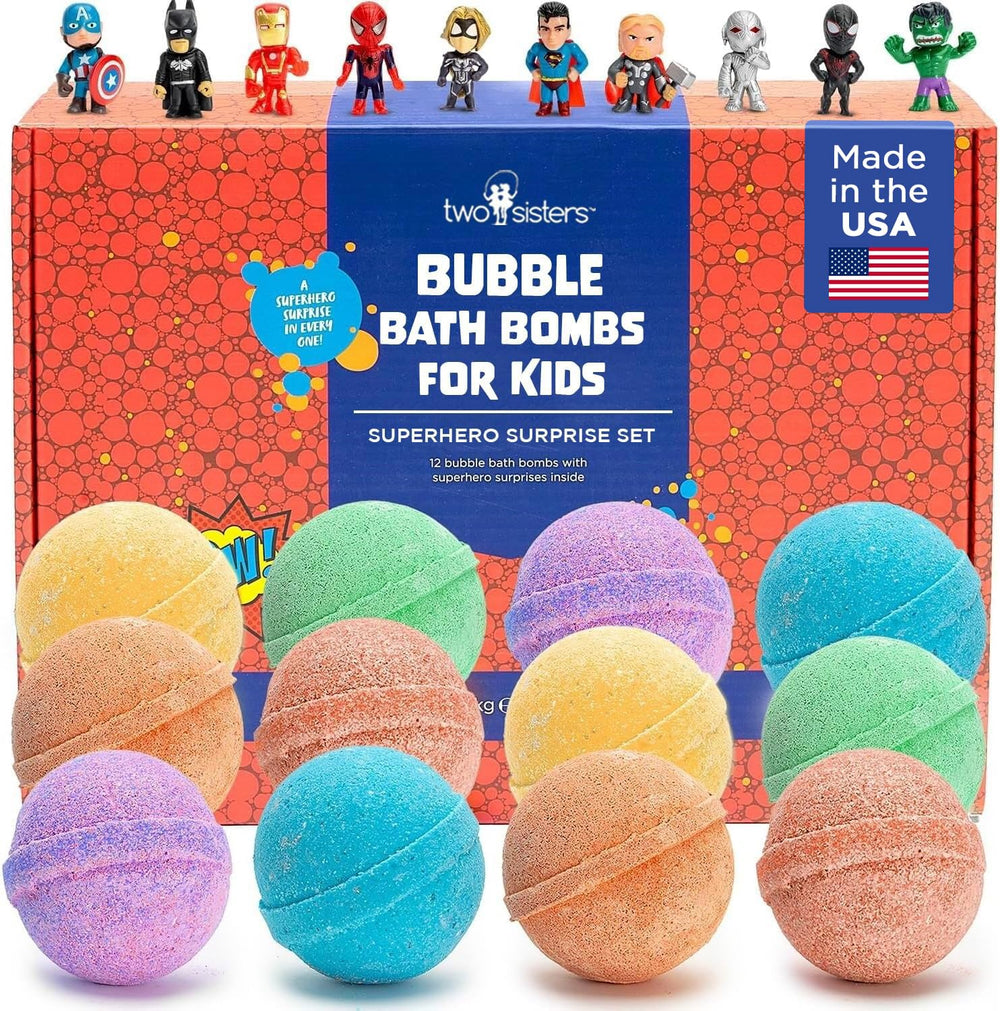 Two Sisters bomba de baño superheroes colores brillantes con burbujas divertidas para niños.