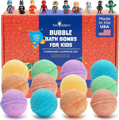 Two Sisters bomba de baño superheroes colores brillantes con burbujas divertidas para niños.