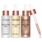 UCANBE Glow Shimmer Drop Set, aplicación cara para brillo natural.