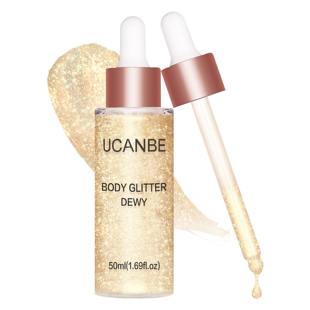 UCANBE Hydrating Body Shimmer bottle shows luxurious glow and hydration.
