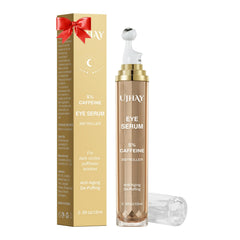 UJHAY 5% caffeine eye cream bottle promoting a refreshed, awake-looking under-eye area.