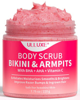 ulluxe bikini area exfoliator texture close-up shows gentle scrub for smoother skin and fewer ingrown hairs