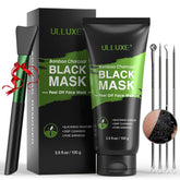 ulluxe charcoal mask packaging demonstrating the kit for deep pore cleansing.