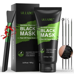 ulluxe charcoal mask packaging demonstrating the kit for deep pore cleansing.