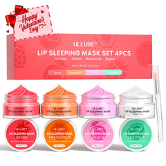 Conjunto ulluxe mascarilla-labios 4 piezas en empaque compacto para regalo y viaje.