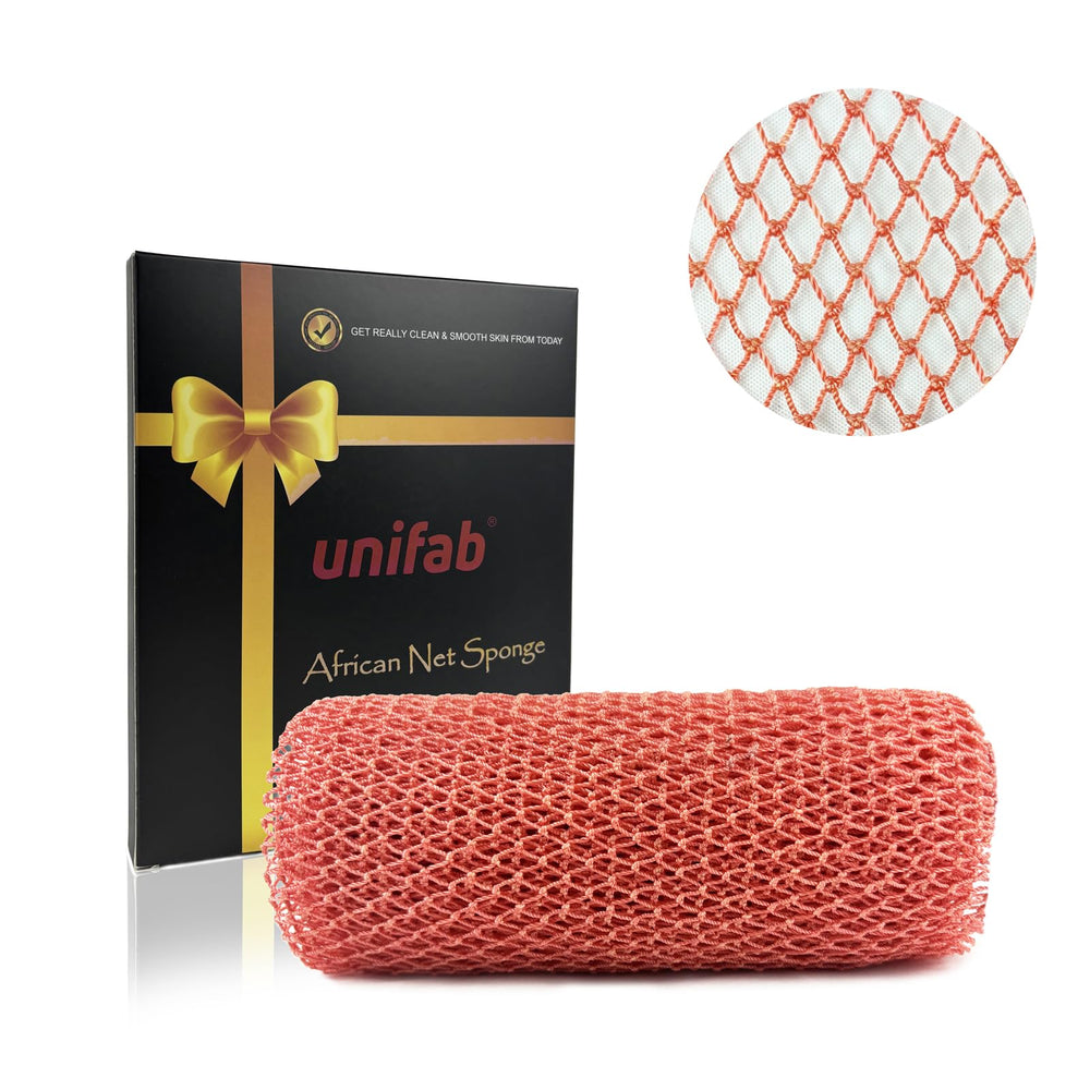 Esponja de red africana Unifab, vista frontal, rosa, exfoliación suave para ducha diaria