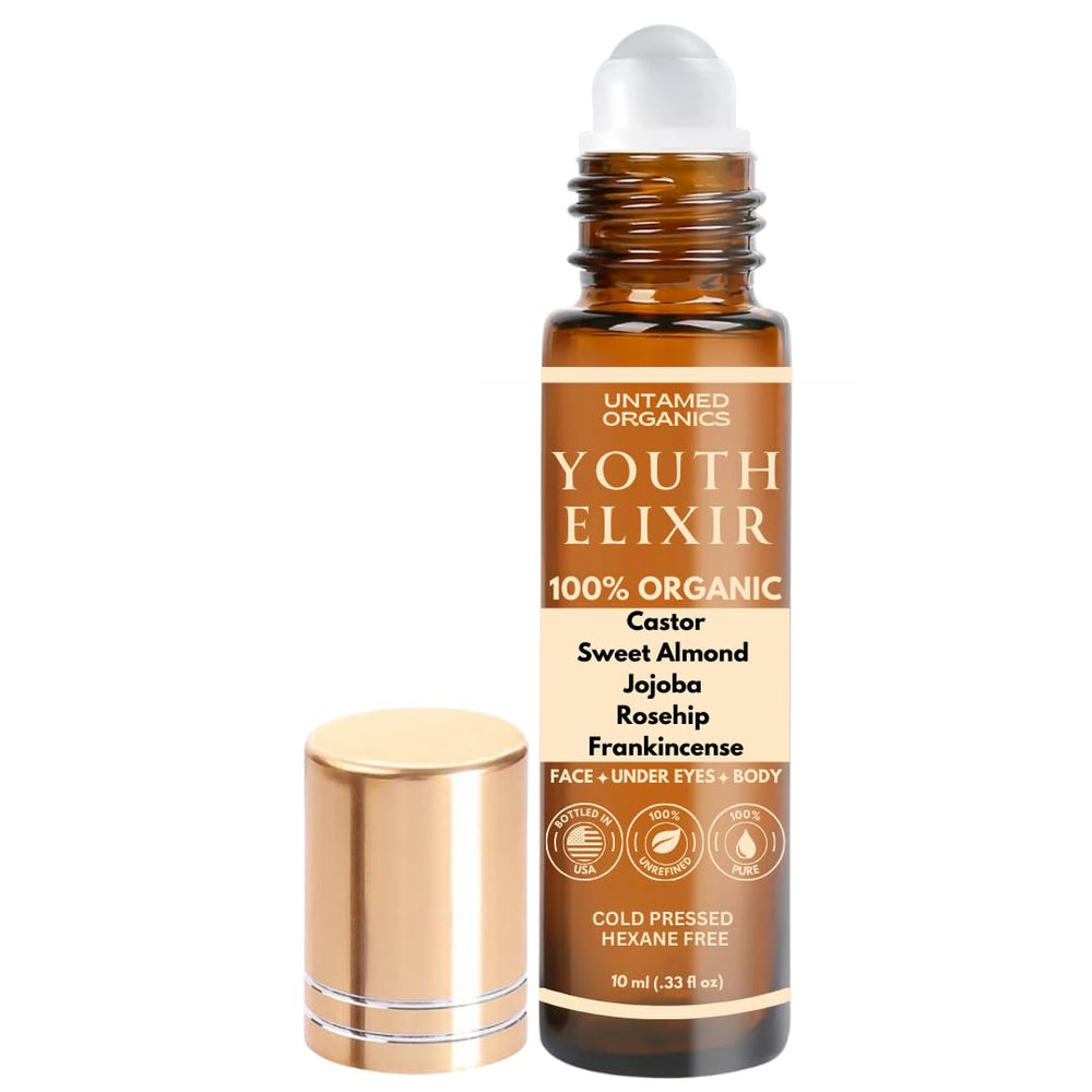 Untamed Organics Youth Elixir Roll-On contorno de ojos con hidratación suave.