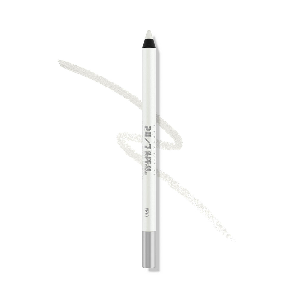 Urban Decay 24/7 Glide-On Yeyo metallic white swatch showing long-lasting shimmer