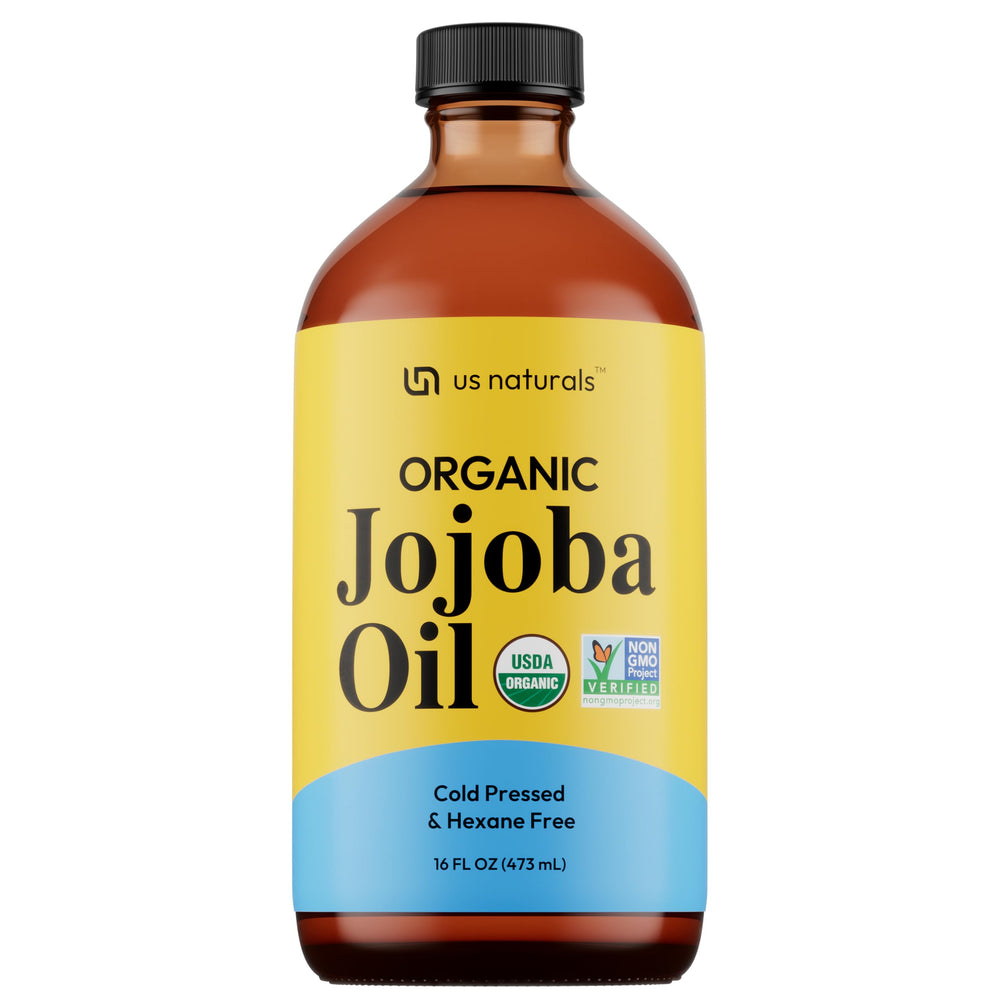 Us Naturals Aceite de jojoba orgánico en botella de vidrio oscura para brillo natural
