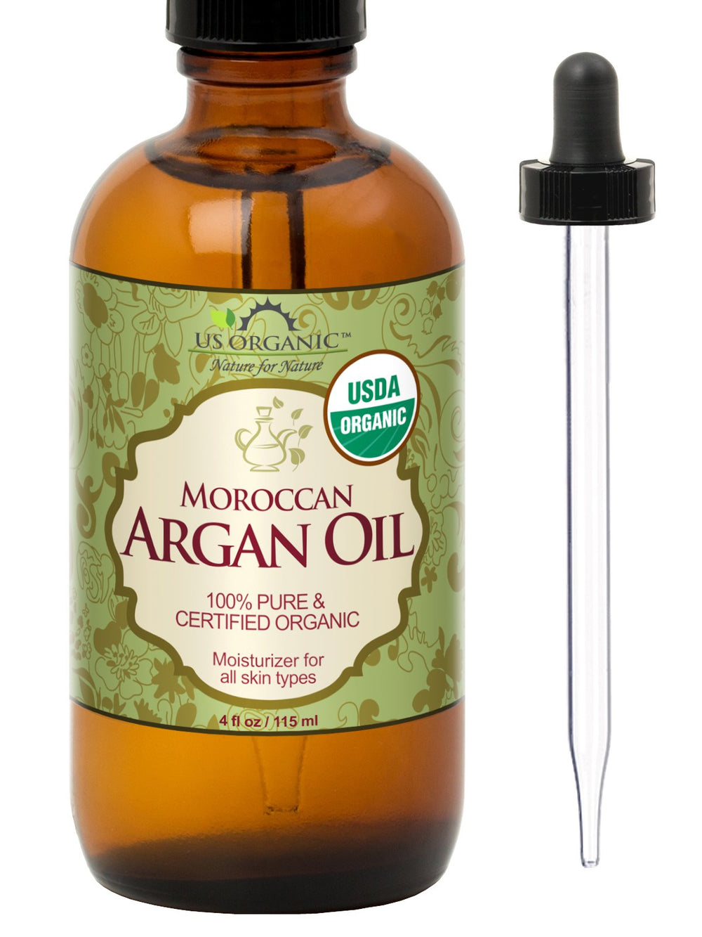 US Organic Aceite de Argán Marroquí en frasco ámbar para hidratación diaria.