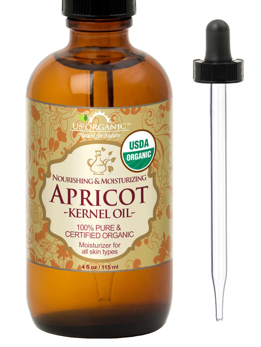 US Organic huile d'abricot en bouteille ambrée avec pipette pour une application douce