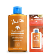 VACATION Aceite Chardonnay SPF30 botella: protección solar y brillo ligero.