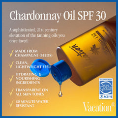 VACATION Aceite Chardonnay SPF30 textura ligera se absorbe sin dejar grasa.