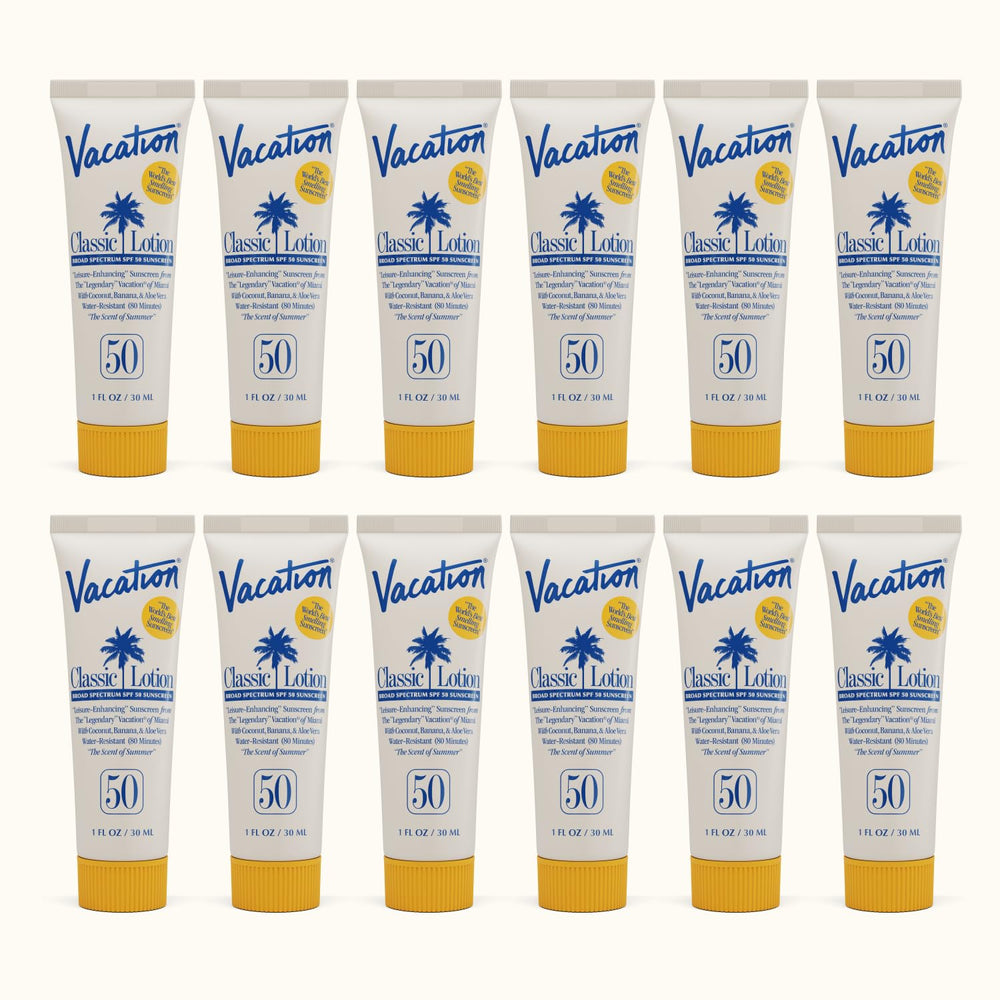 VACATION Mini Locion Clasica SPF50 en envase de 1 onza, ideal para viajes y playa.