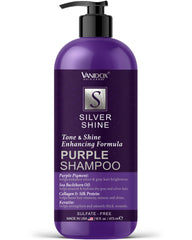 Vanidox brass-toning purple shampoo bottle showcases the formula for cool-toned gray hair.