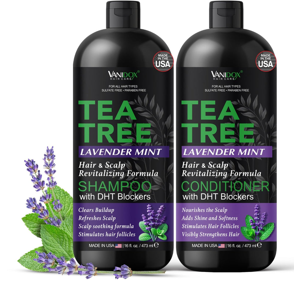 Shampoing Vanidox arbre à thé, flacon lavande et menthe apaise le cuir chevelu irrité