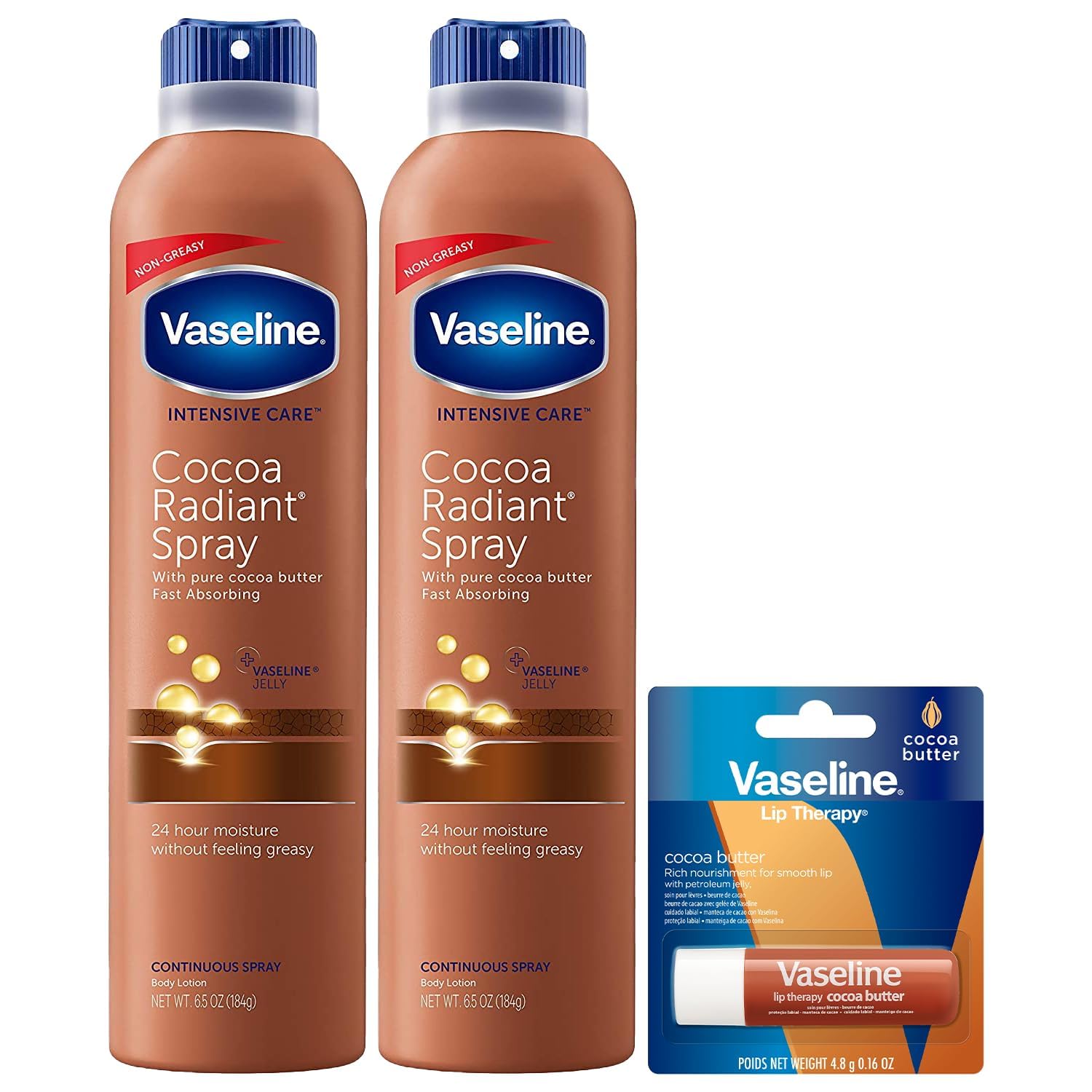 Vaseline Cocoa Radiant Spray 2-Pack display for quick, non-greasy hydration.