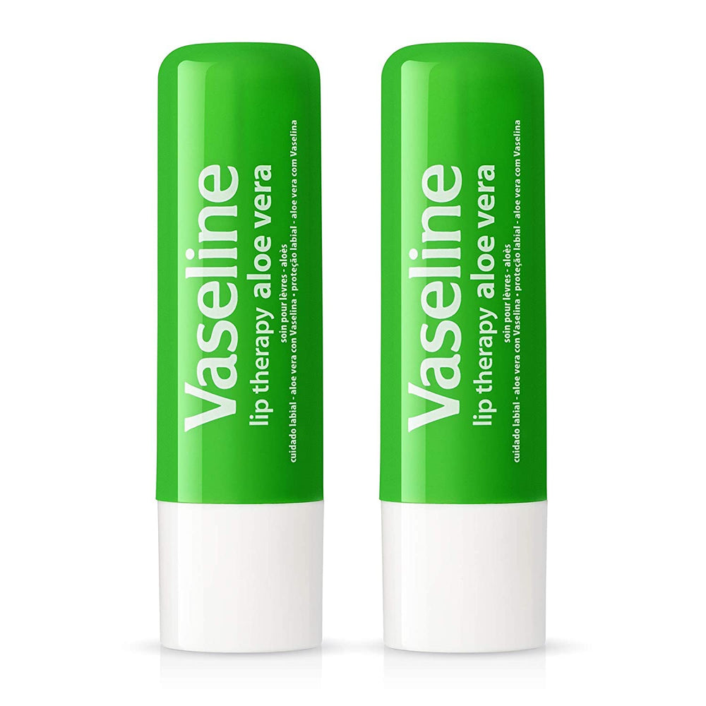 Vaseline Lip Therapy Aloe Care Twin Pack, frente del envase, hidratación suave para labios
