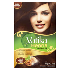 Vatika Naturals tinte permanente marrón oscuro para cobertura de canas y brillo.