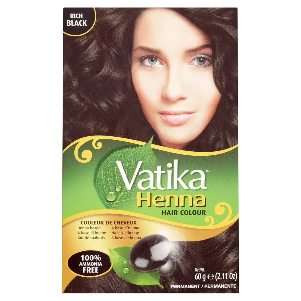 Vatika Naturals Tinte permanente negro rico para cobertura de canas y brillo.