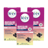 Veet cold wax strips close-up with 40 count in a 3-pack for quick, long-lasting smoothness.