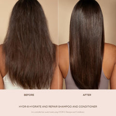 HYDR-8 de VEGAMOUR: cabello seco recibe hidratación intensa tras lavado.