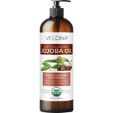 Velona aceite de jojoba orgánico certificado USDA en botella con bomba para uso diario.