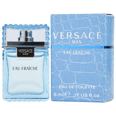 Versace Man Eau Fraiche mini frasco detalle logotipo: presentación elegante.