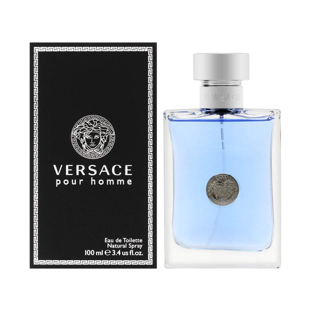Versace Pour Homme: frasco en primer plano, aroma fresco para uso diario.