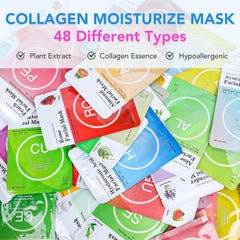 VESPRO Collagen Essence Sheet Mask 48-pack display shows bulk hydration-ready packaging.