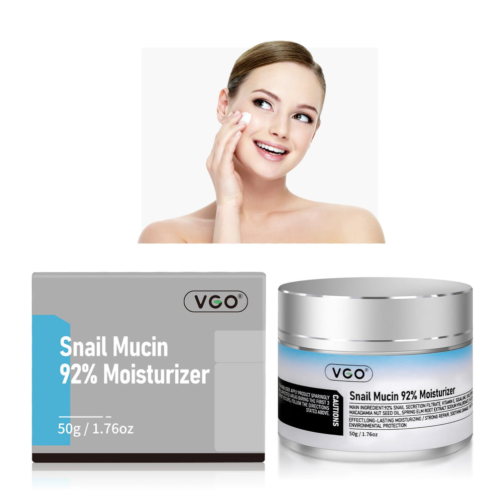 VGO Snail Mucin 92% bottle highlights deep hydration for dry, sensitive skin.