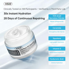 Close-up of VGO Snail Mucin 92% cream texture showing rich, soothing consistency.