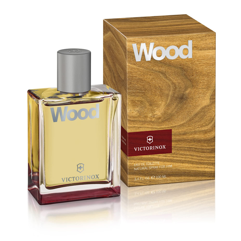 Victorinox Wood, botella frontal, aroma amaderado y sofisticado para uso diario.