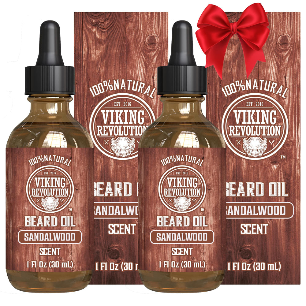 Aceite para barba Viking Revolution en botella, aroma de sándalo duradero.