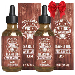Aceite para barba Viking Revolution en botella, aroma de sándalo duradero.