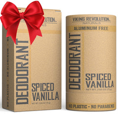Desodorante Viking Revolution con vainilla especiada en botella, aroma duradero para todo el día.
