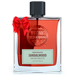 Viking Revolution Sandalwood Cologne bottle on wood, ideal for daily wear.