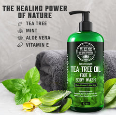 Viking Revolution Tea Tree Body Wash foam demonstrates fast cleanse during workouts.