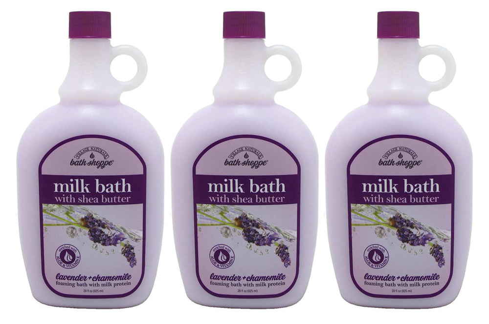 Village Naturals Therapy lavender bath milk bottle in a 3-pack for hydrated skin
