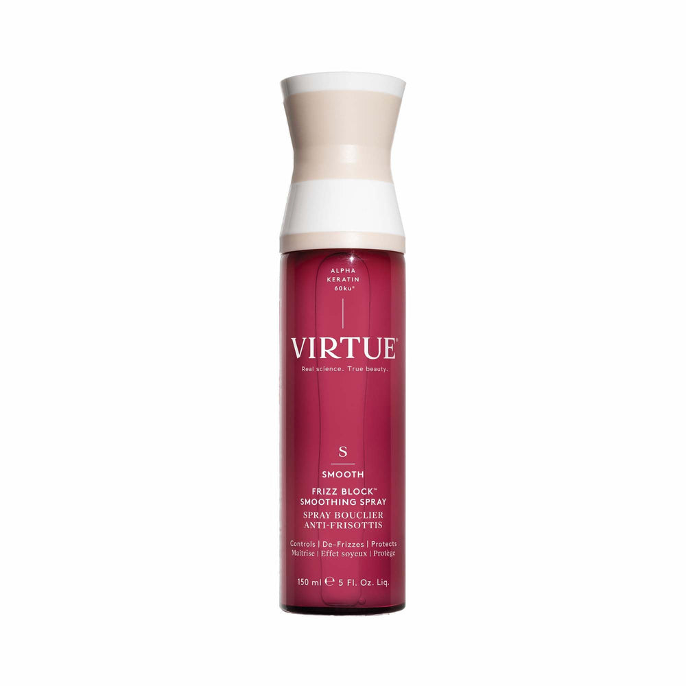 VIRTUE Frizz Block Spray: envase frontal y control suave del frizz.