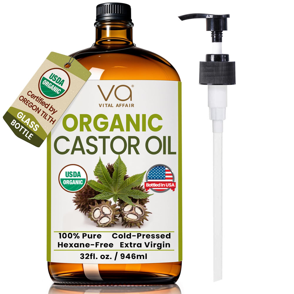 VITAL AFFAIR aceite de ricino orgánico en frasco de cristal con bomba para uso diario.