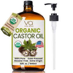 VITAL AFFAIR aceite de ricino orgánico en frasco de cristal con bomba para uso diario.
