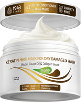 Mascarilla de keratina de VITAMINS en bote para reparación profunda y suavidad.