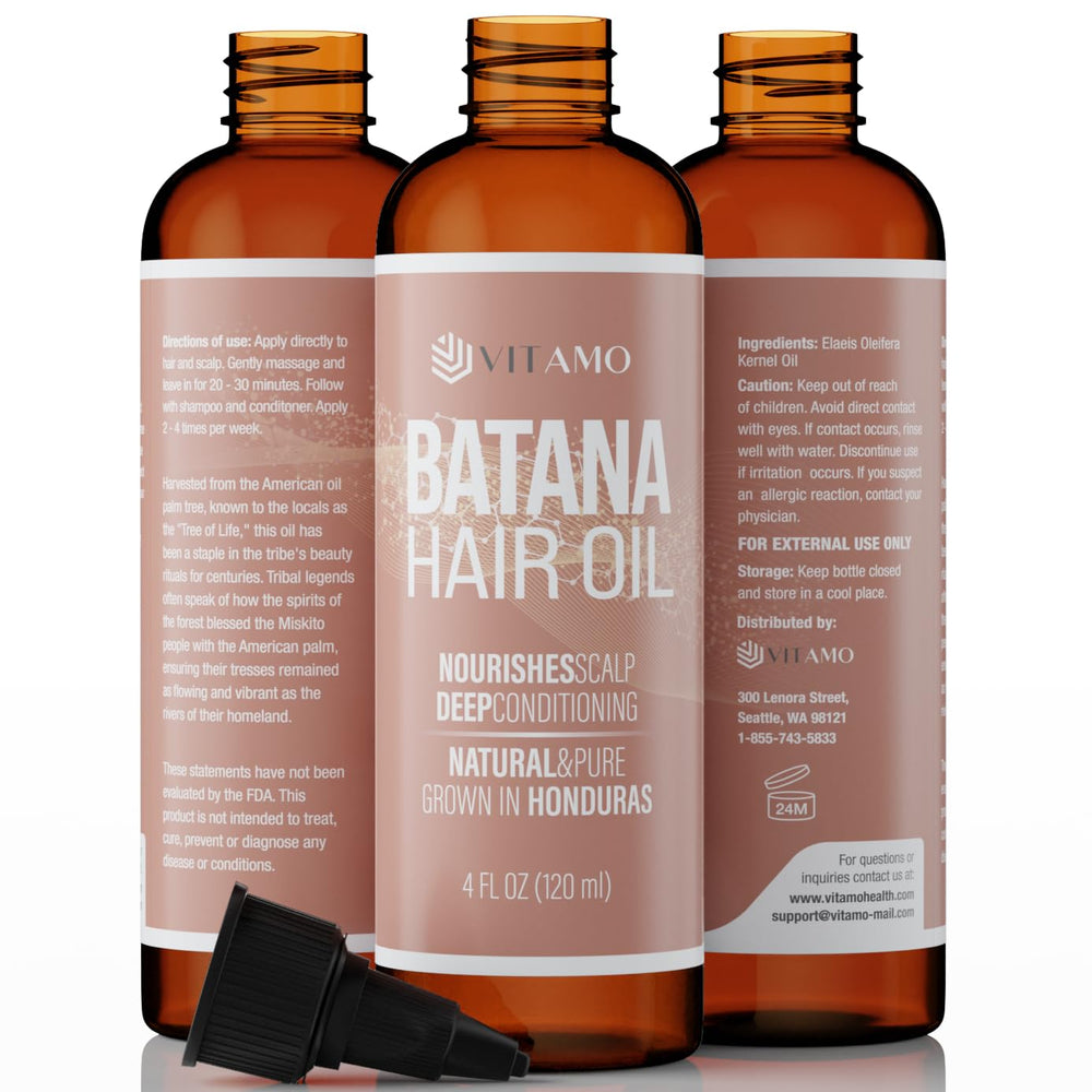 Vitamo Batana Oil bottle showcasing premium hair care for natural shine