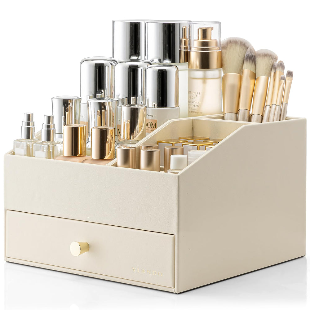 Vlando Organizador de maquillaje con cajones beige, ideal para mantener cosméticos ordenados