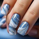 Vopintpy uñas postizas degradado azul-blanco con brillo ideal para ocasiones especiales.
